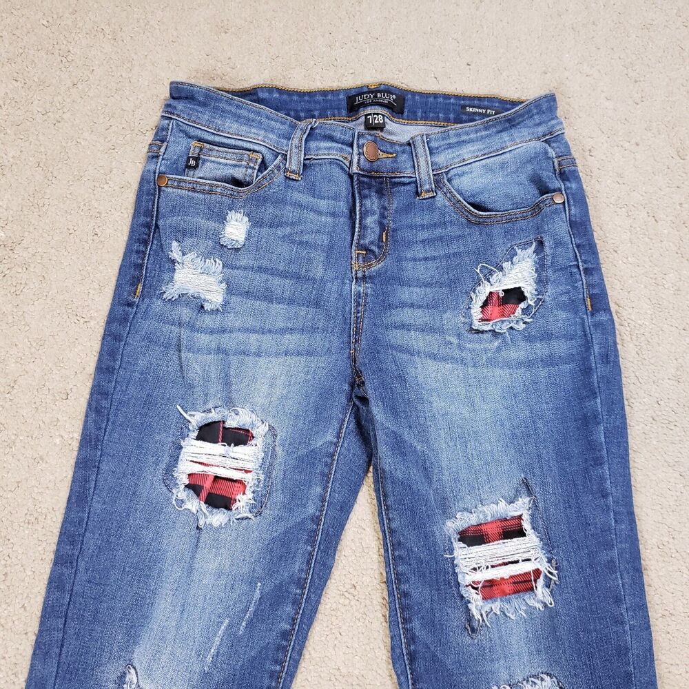 Judy Blue Womens Jeans 7/28 Blue Skinny Plaid Patch Mid Rise Whiskered Capsule - Picture 3 of 11